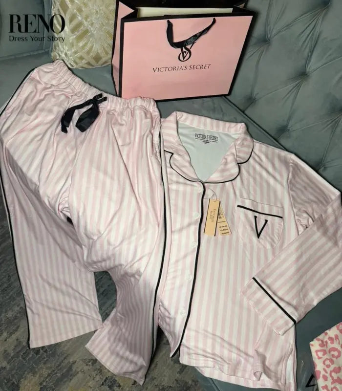 Luxury Pajama Set in Pink Striped Design – High-Quality Imported + Gift Bag