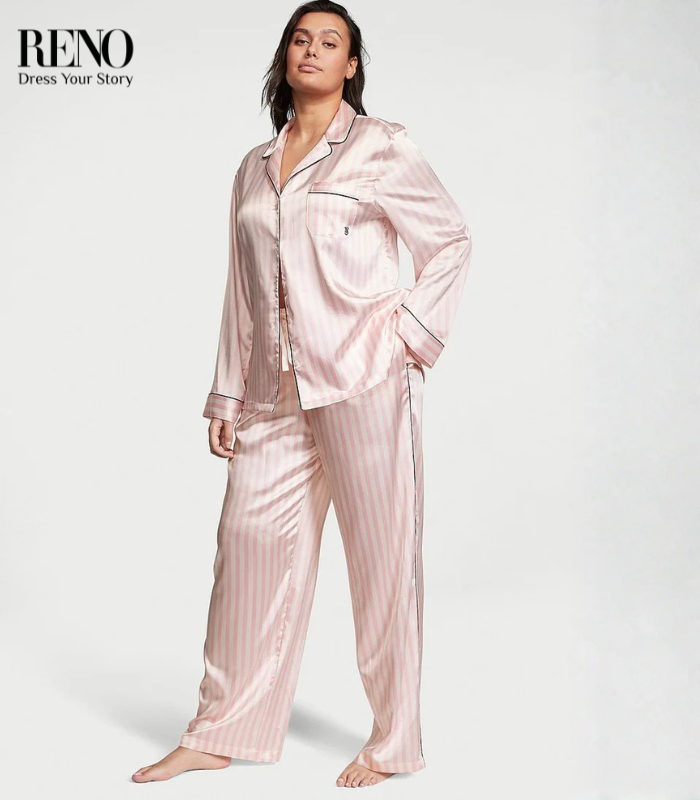 Luxury Satin Pajama Set in Pink Striped Design – High-Quality Imported