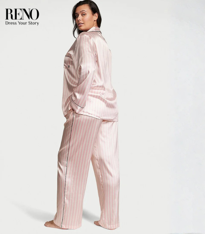 Luxury Satin Pajama Set in Pink Striped Design – High-Quality Imported