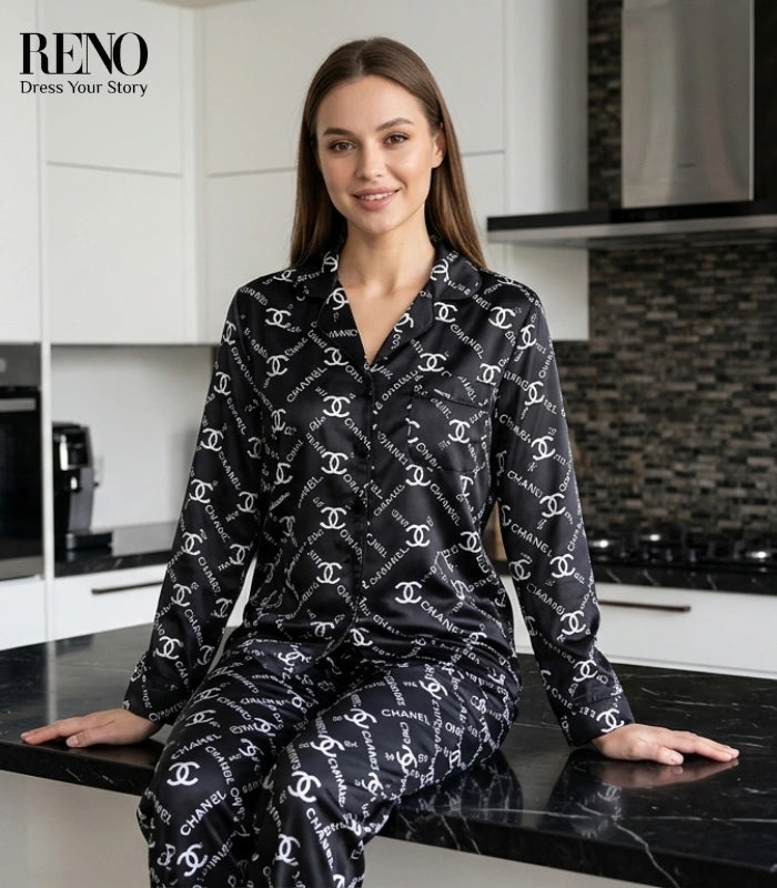 Imported Black Satin Pajama Set with a Luxurious and Elegant Design