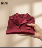 Luxury Satin Pajama Set in Dark Red – High-Quality Imported