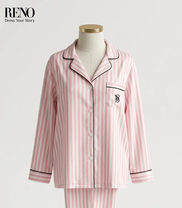 Luxury Satin Pajama Set in Pink Striped Design – High-Quality Imported