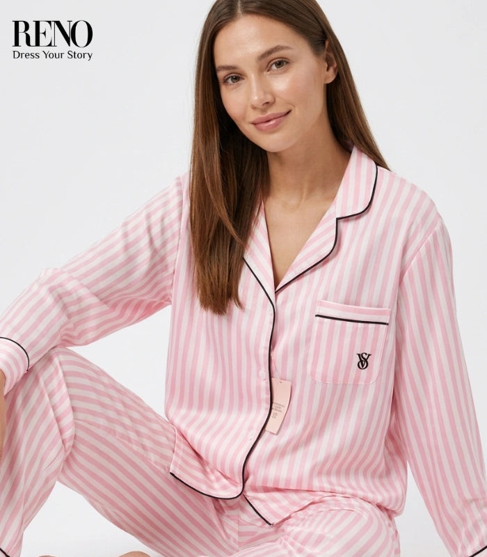 Luxury Satin Pajama Set in Pink Striped Design – High-Quality Imported