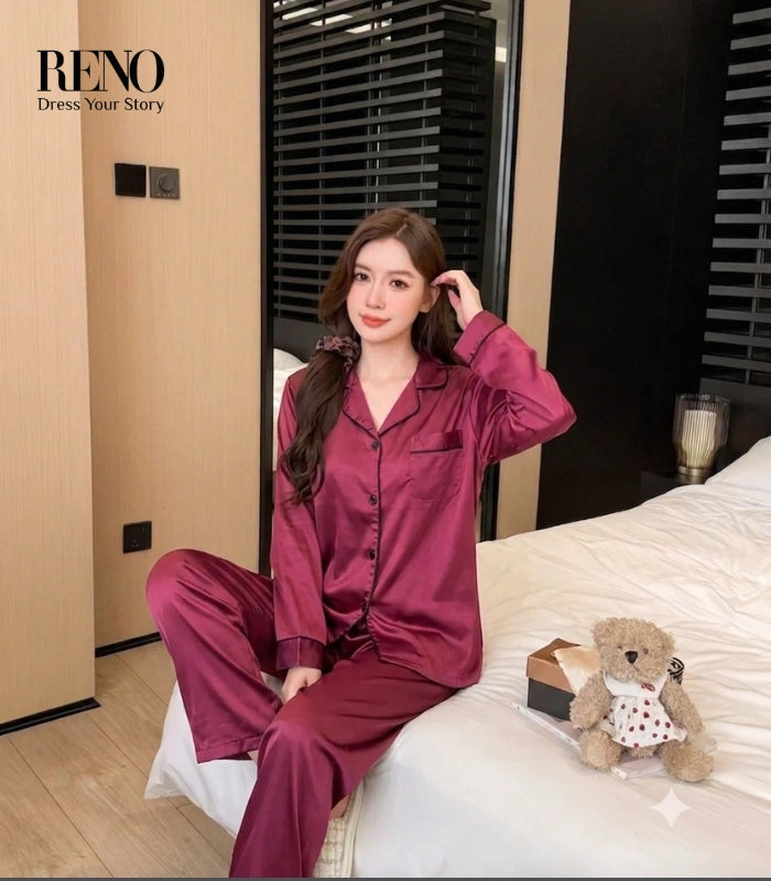 Luxury Satin Pajama Set in Dark Red – High-Quality Imported