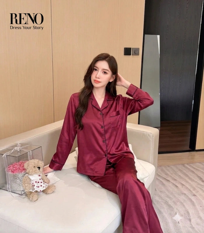 Luxury Satin Pajama Set in Dark Red – High-Quality Imported