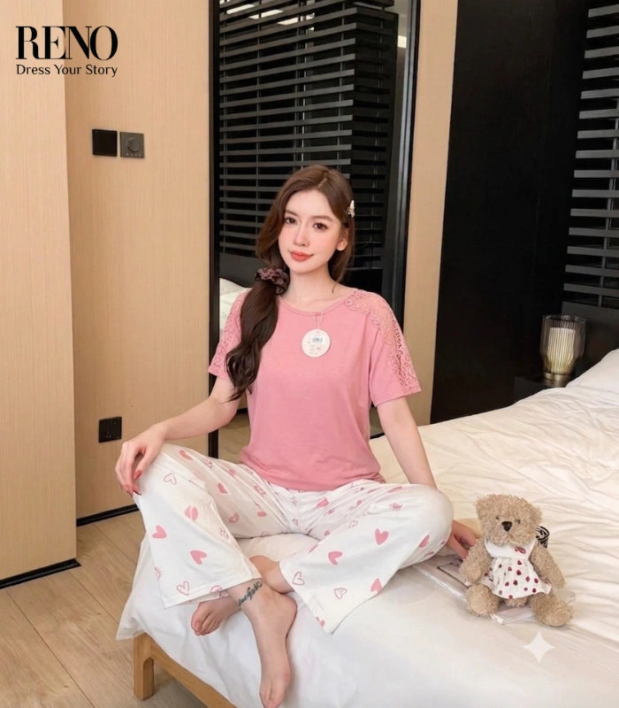 Rose Lace Top Pajama Set with Heart Print Pants 💗