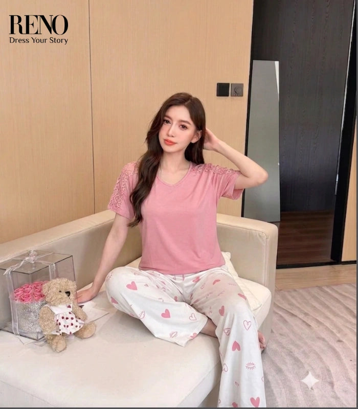 Rose Lace Top Pajama Set with Heart Print Pants 💗