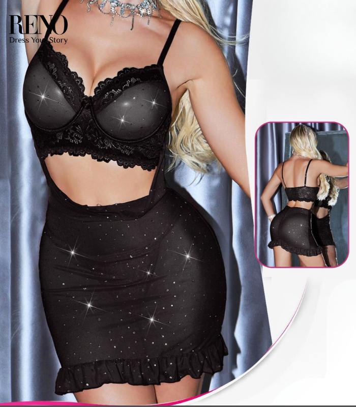Luxury Black Cut-Out Lingerie Set with Gold Chain Details