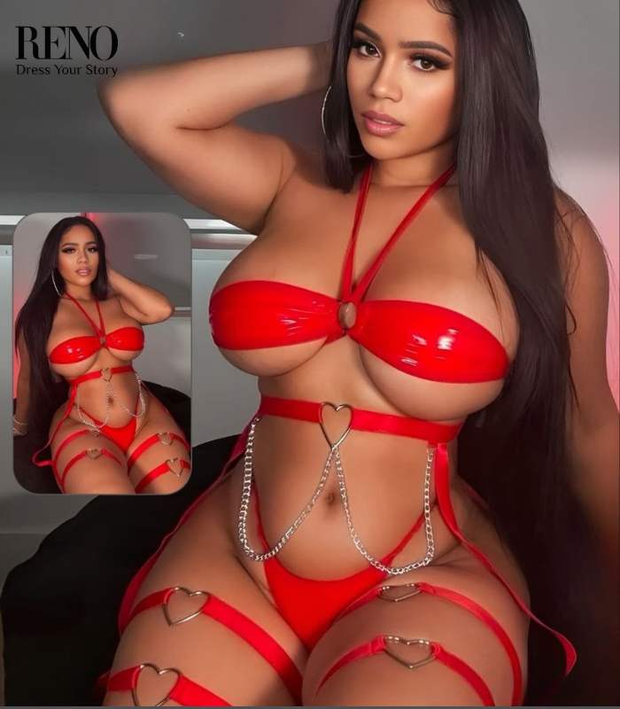 Bold Red Glossy Lingerie Set with Chain Details
