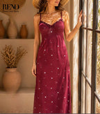 Long Satin Nightdress in Burgundy with Delicate Heart Print