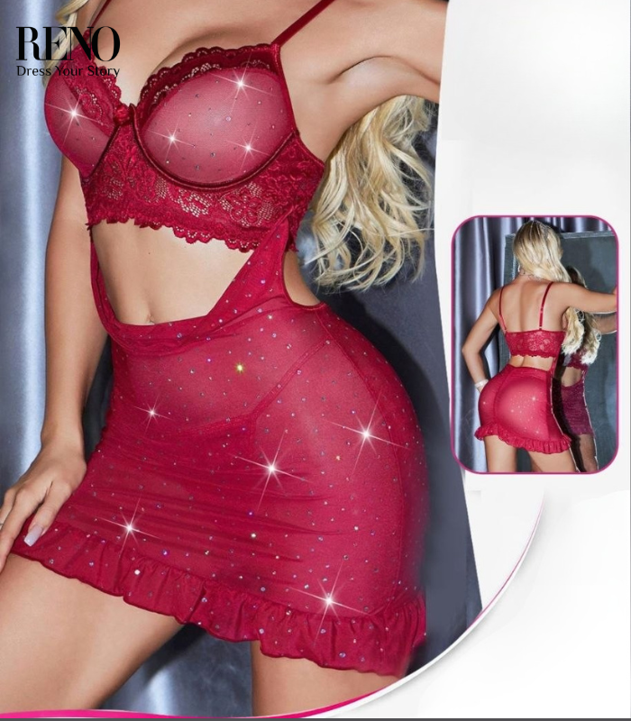 Luxury Red Cut-Out Lingerie Set with Gold Chain Details