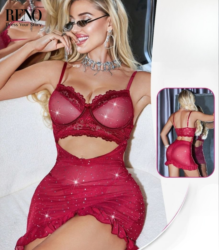 Luxury Red Cut-Out Lingerie Set with Gold Chain Details