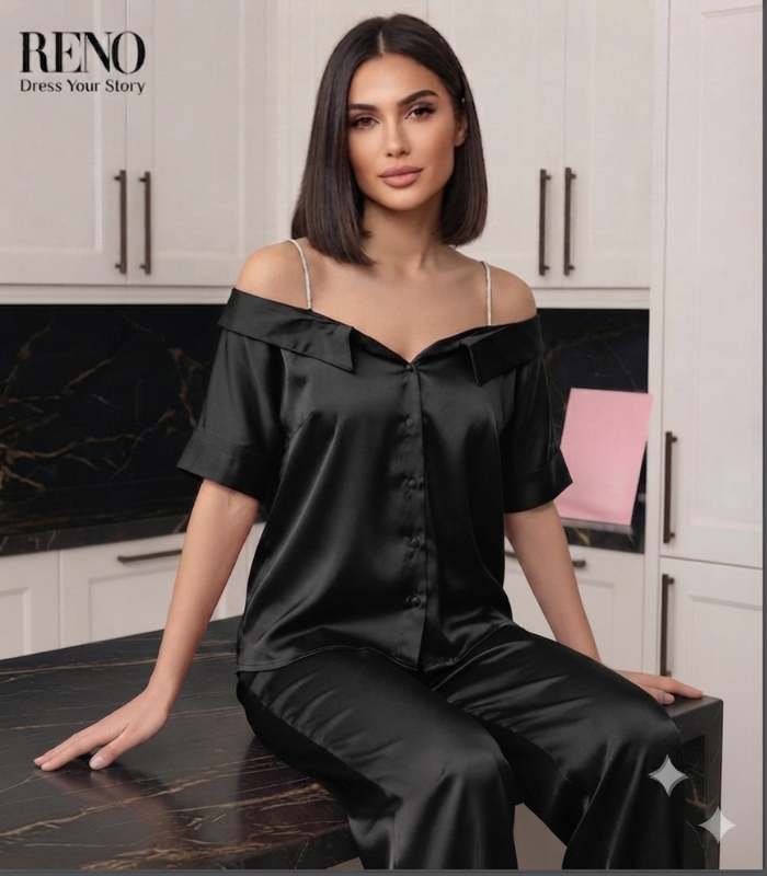 Off-Shoulder  Black Satin