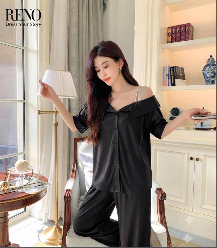 Off-Shoulder  Black Satin