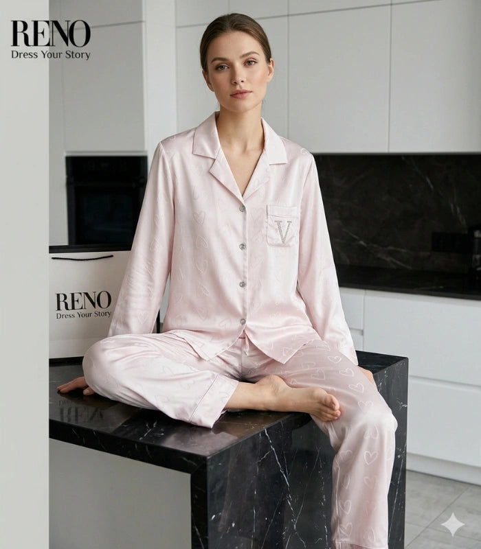 Heart Print Pajama Set – Soft & Feminine Dusty Rose