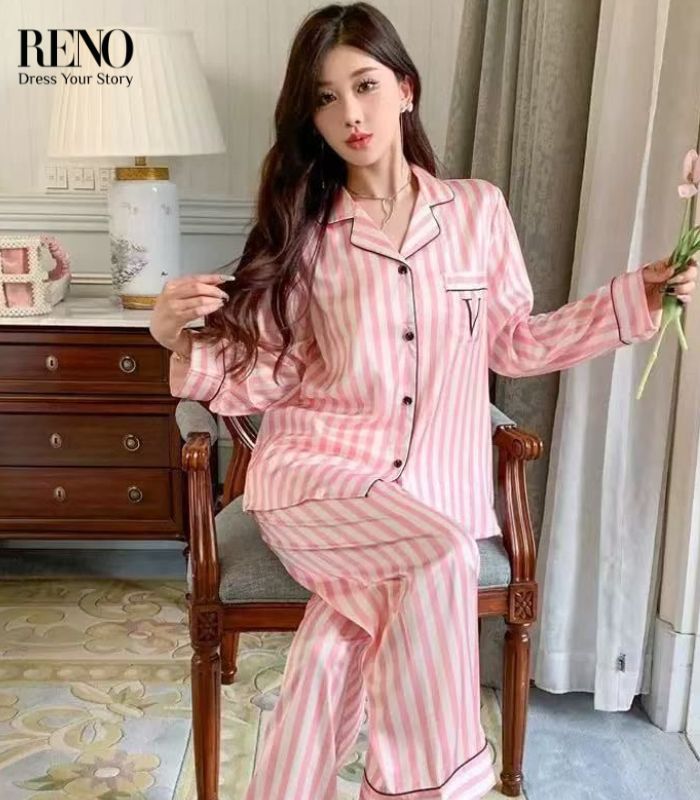 Classic Striped Satin Pajama Set – Light Pink