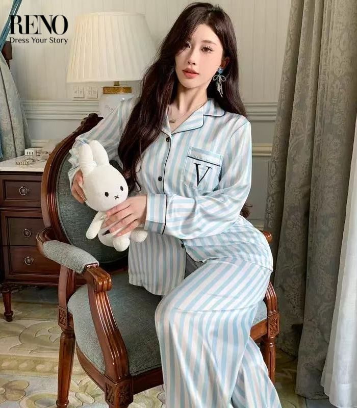 Striped Satin Pajama Set – Light Blue