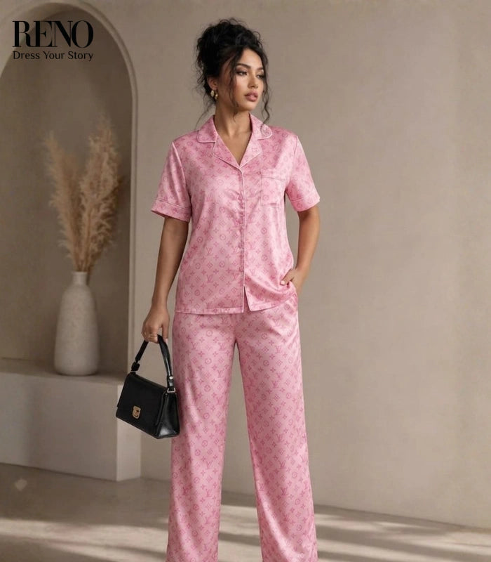 Pink Monogram Satin Pajama Set