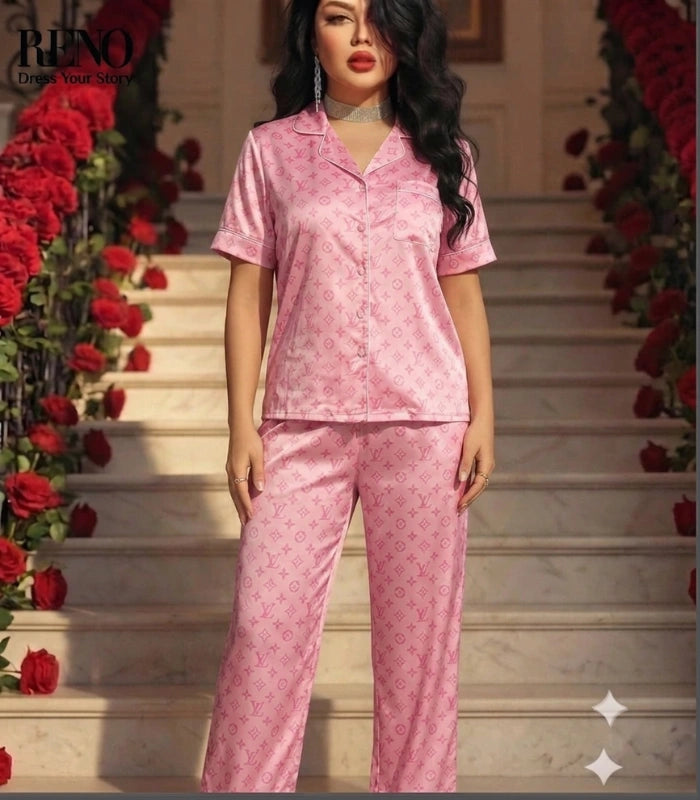 Pink Monogram Satin Pajama Set