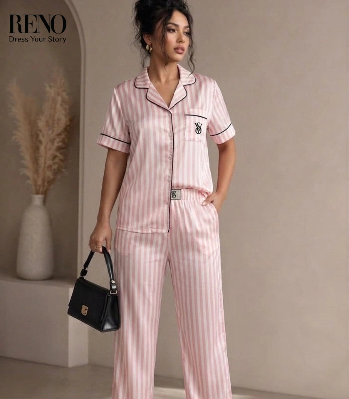 Pink & White Striped Satin Pajama Set