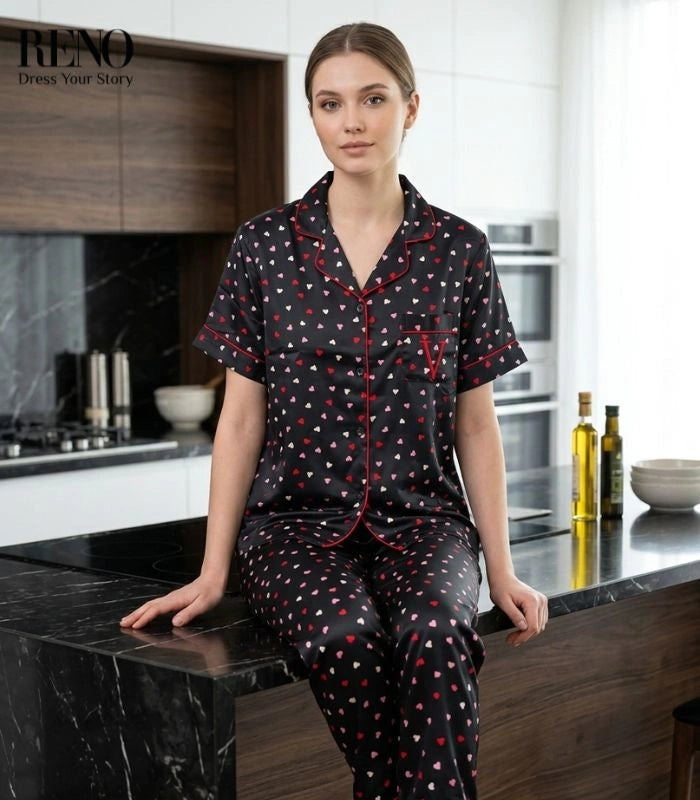 Black Pajama with Colorful Hearts – Imported Satin Feminine Style