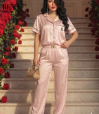Pink & White Striped Satin Pajama Set