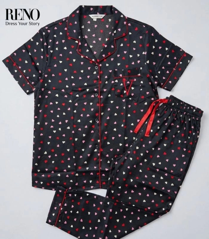 Black Pajama with Colorful Hearts – Imported Satin Feminine Style