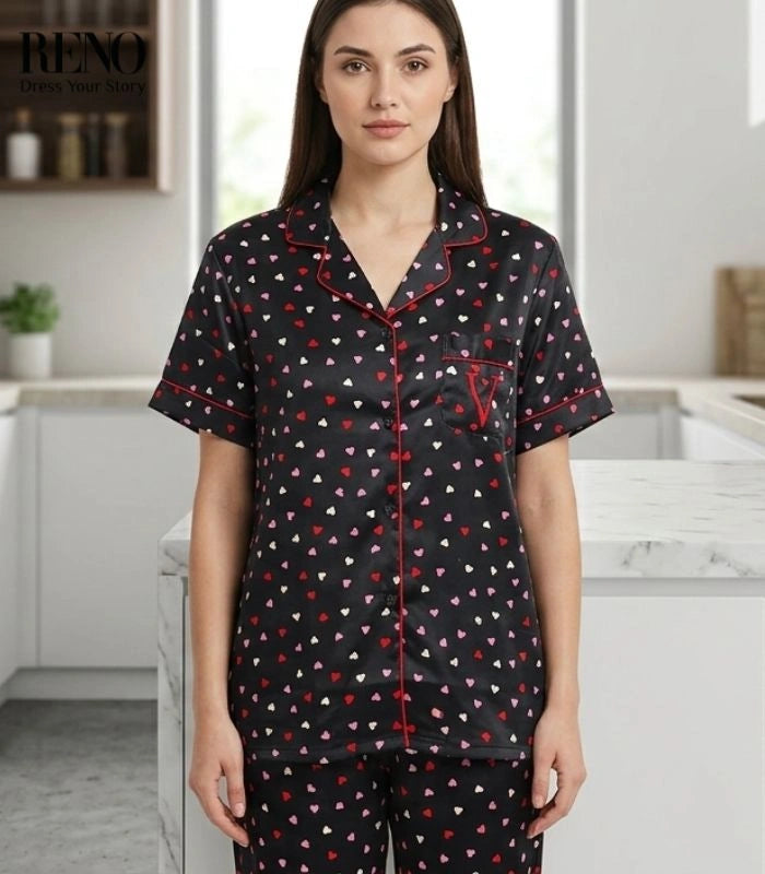 Black Pajama with Colorful Hearts – Imported Satin Feminine Style