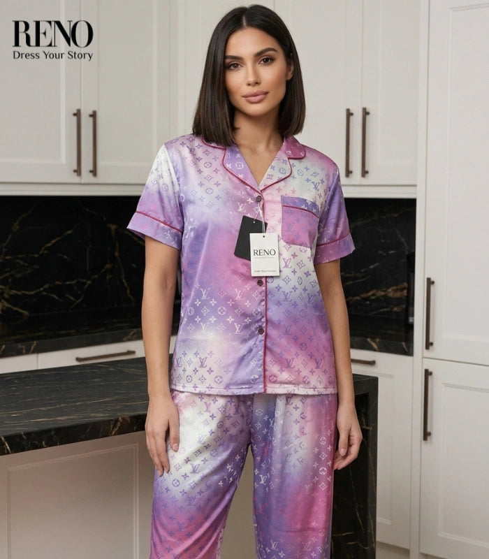 Luxury Satin Pajama Set in Pink Gradient – Inspired Monogram Design (High-Quality Imported)