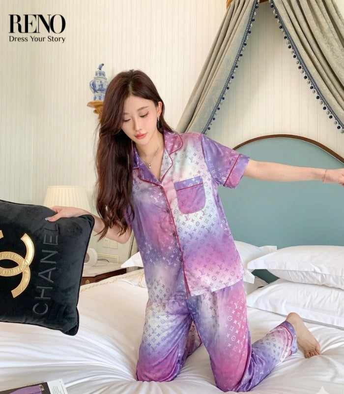 Luxury Satin Pajama Set in Pink Gradient – Inspired Monogram Design (High-Quality Imported)