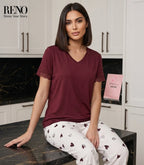 Burgundy Lace Top Pajama Set with Heart Print Pants