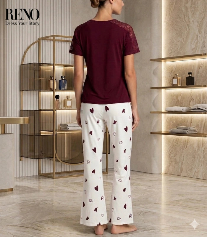Burgundy Lace Top Pajama Set with Heart Print Pants
