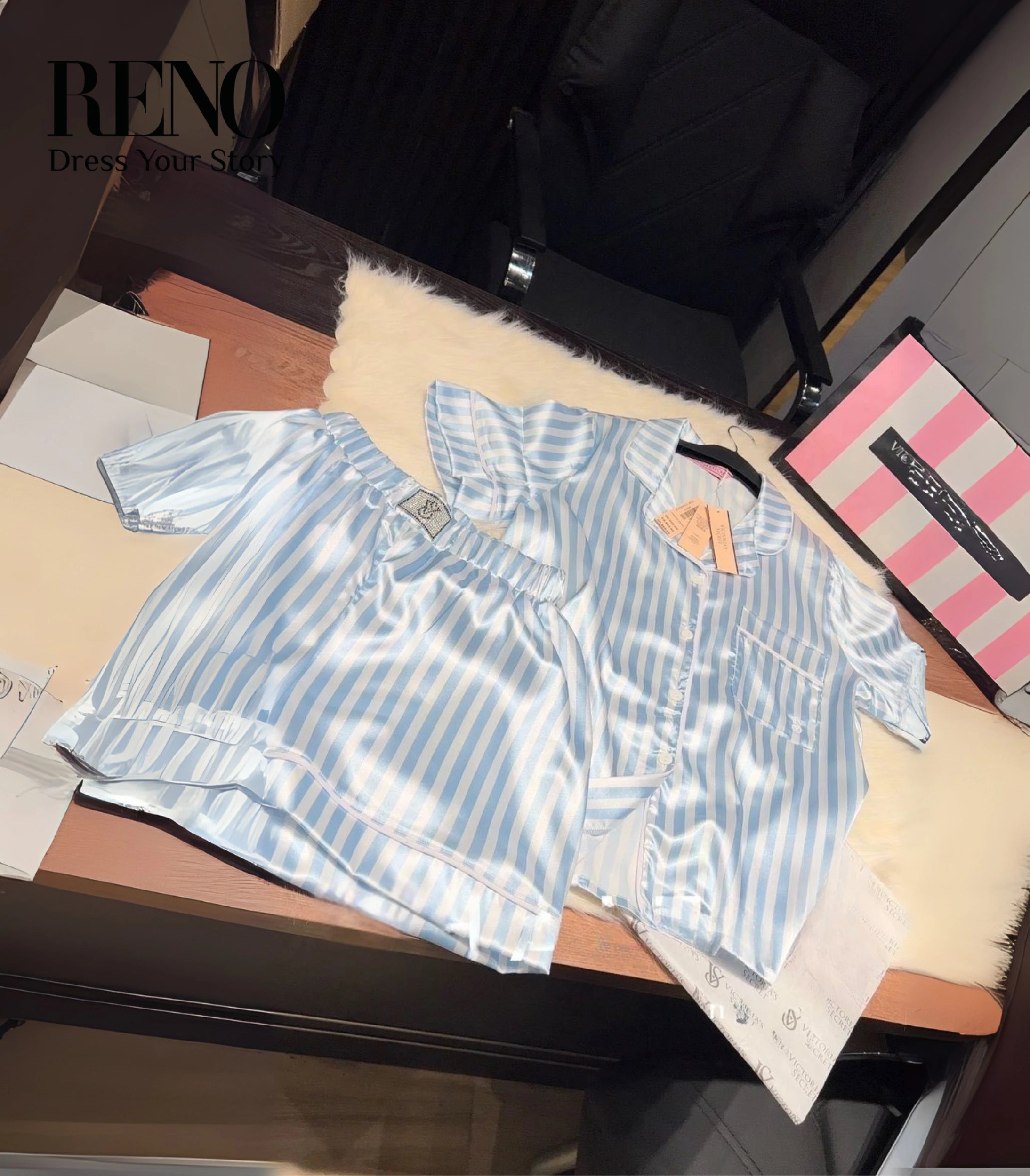 Luxury Satin Pajama Set in Light Blue Striped Design – High-Quality Imported