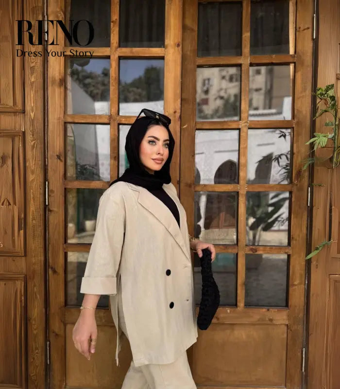 Linen Suit with Side Slits &amp; Button Details