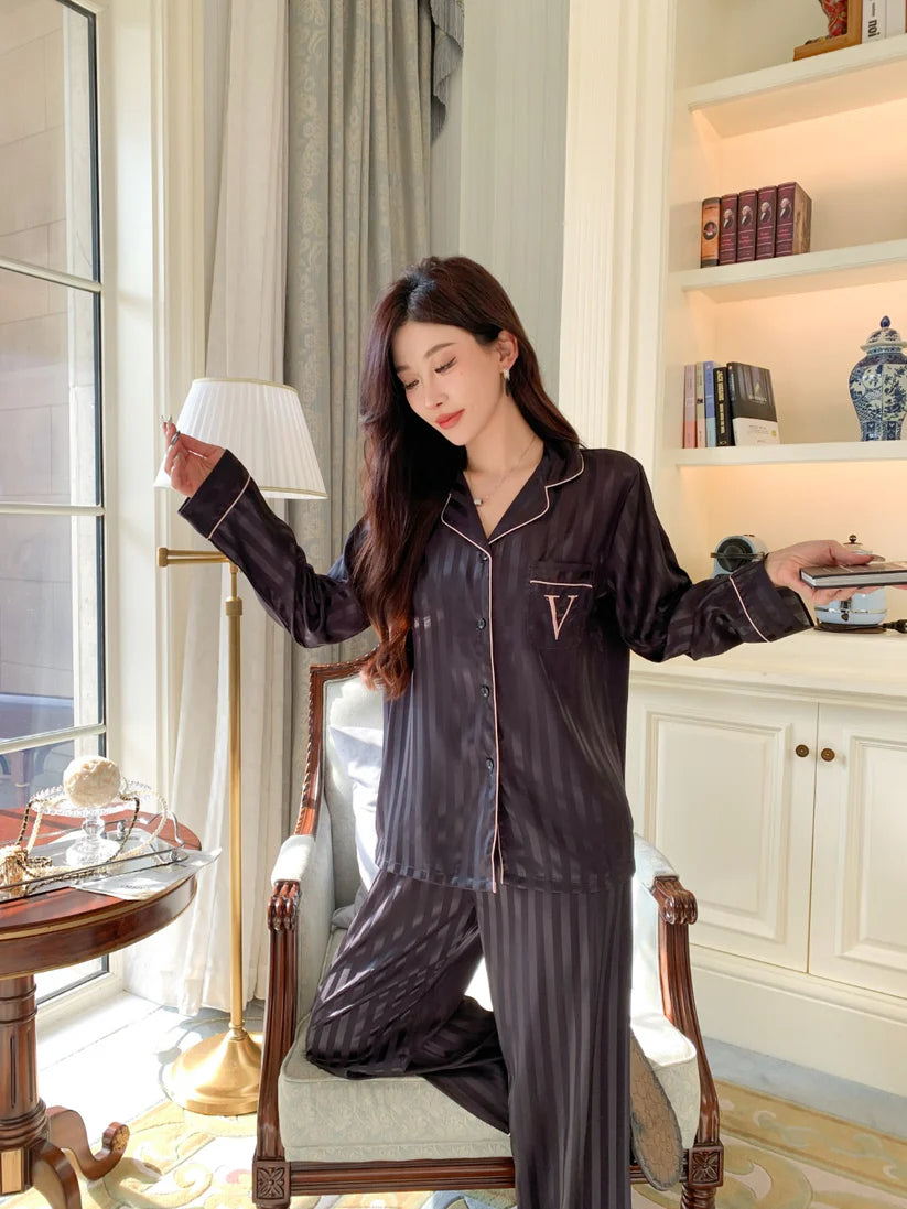 Striped Satin Pajama Set – Black