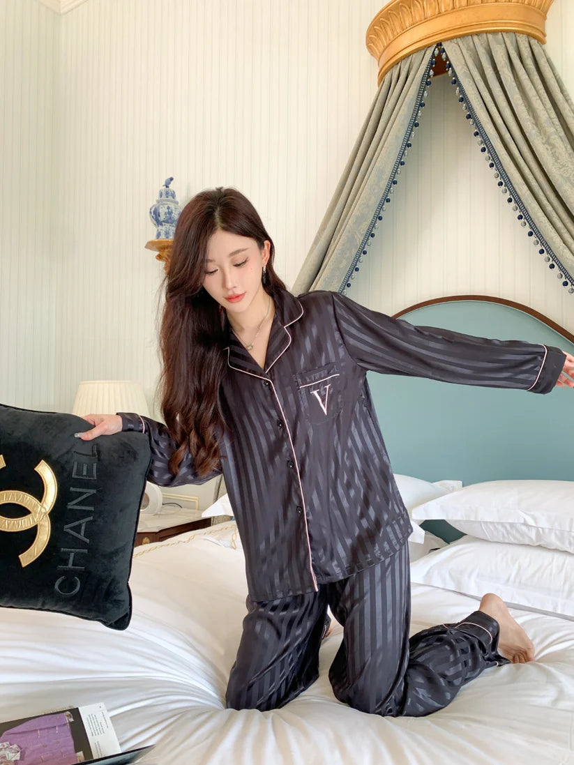 Striped Satin Pajama Set – Black