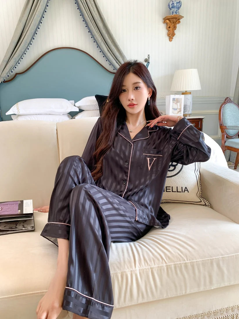 Striped Satin Pajama Set – Black