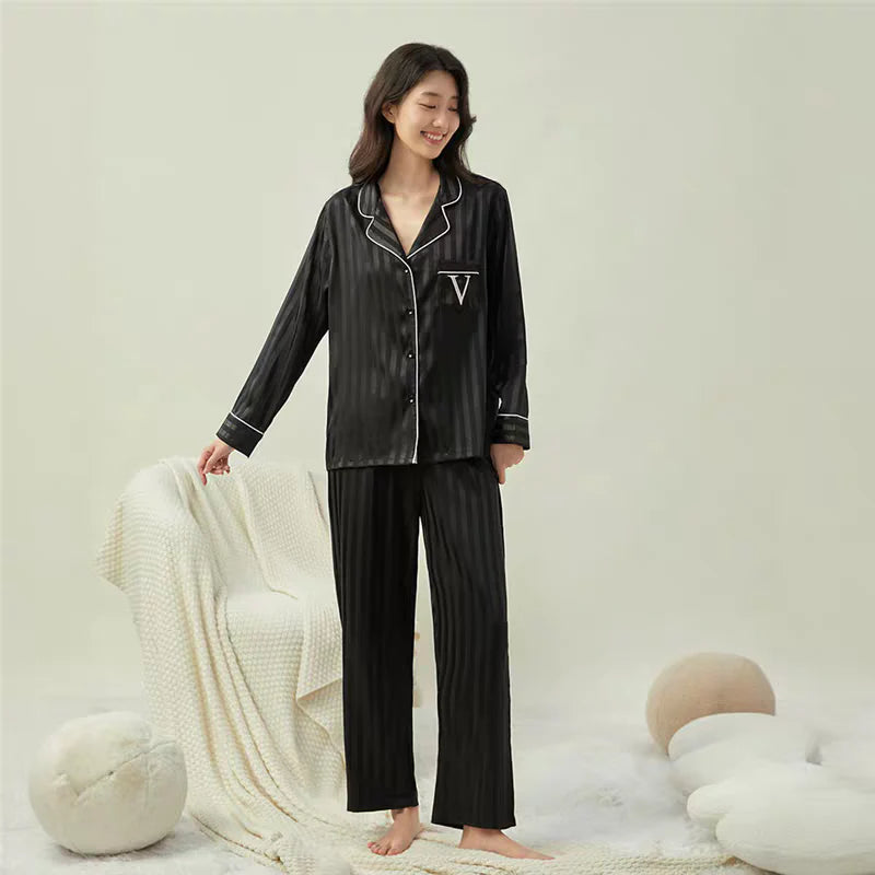 Striped Satin Pajama Set – Black