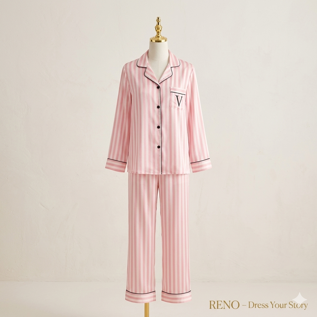 Classic Striped Satin Pajama Set – Light Pink