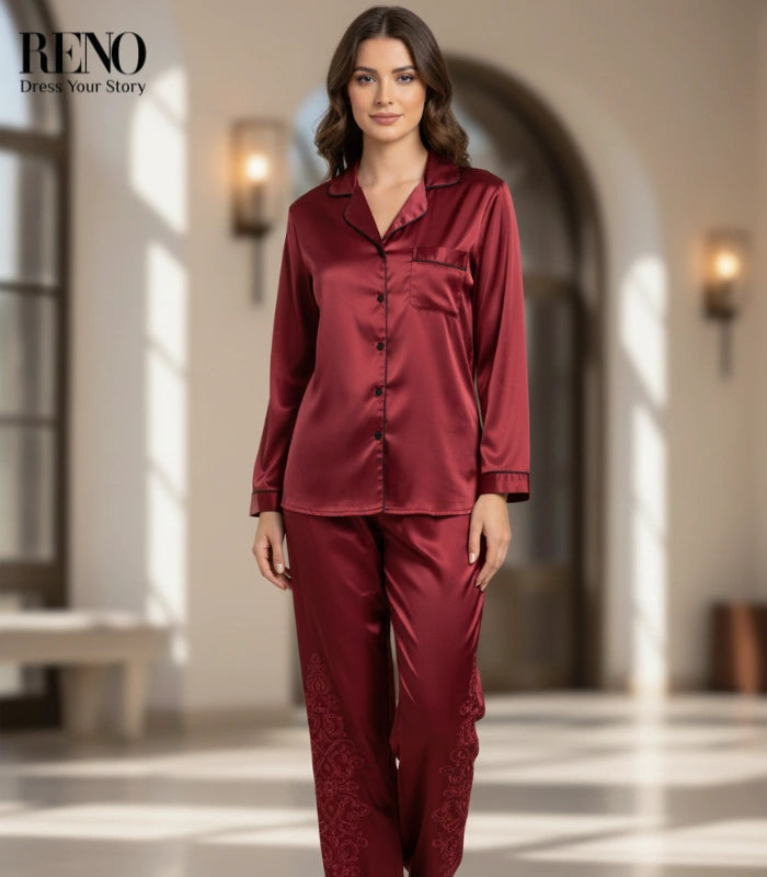 Luxury Satin Pajama Set in Dark Red – High-Quality Imported