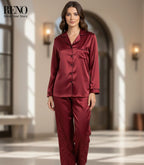 Luxury Satin Pajama Set in Dark Red – High-Quality Imported