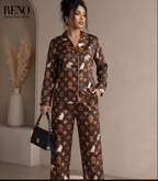 Brown Cat Print Pajama Set