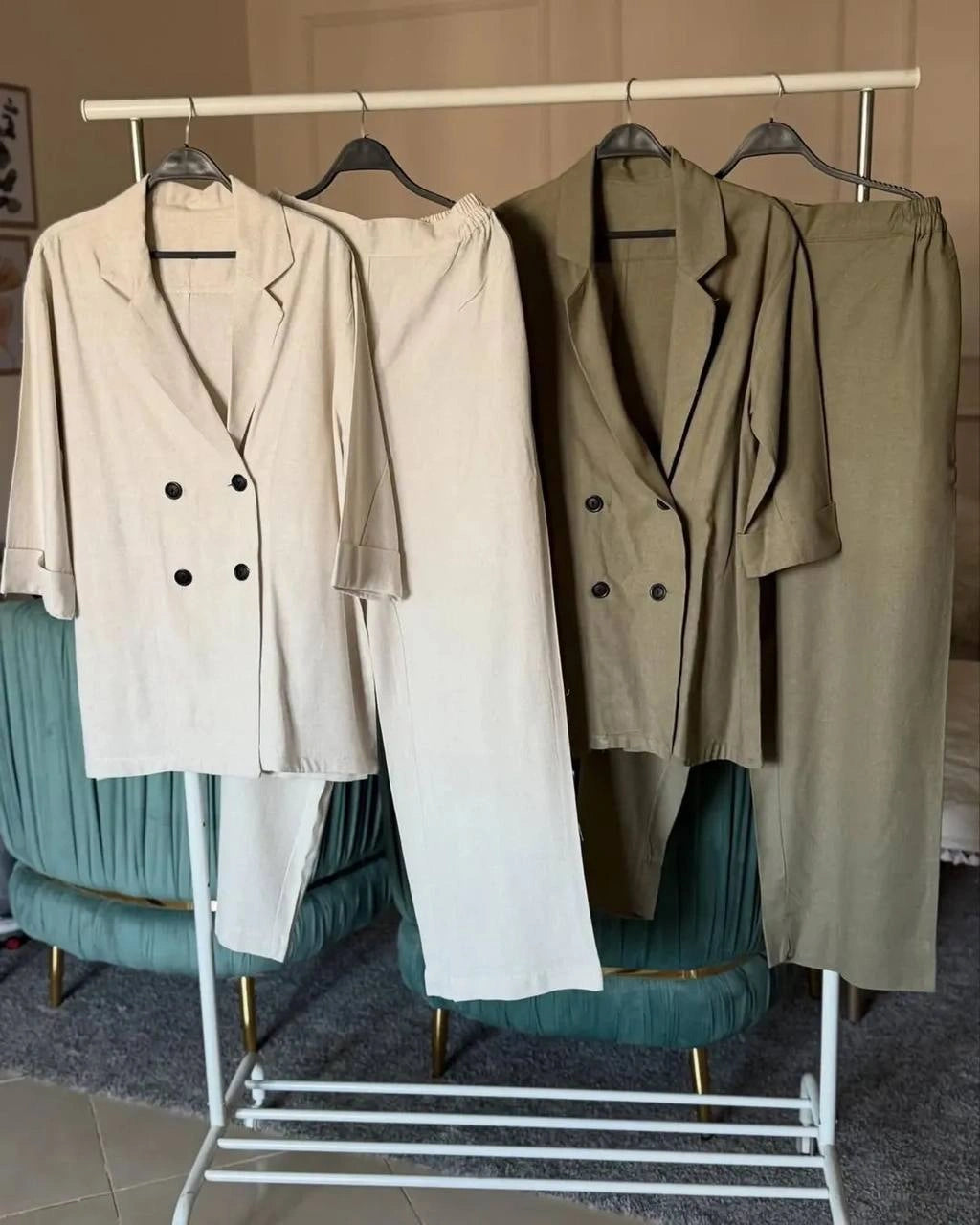 Linen Suit with Side Slits &amp; Button Details